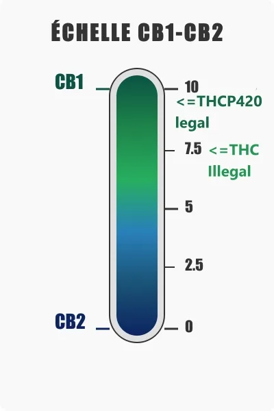 cb1-cb2-information THCP420 Diagramme de l'échelle CB1-CB2 des cannabinoïdes, indiquant les seuils de légalité pour le THCP et d'illégalité pour le THC.