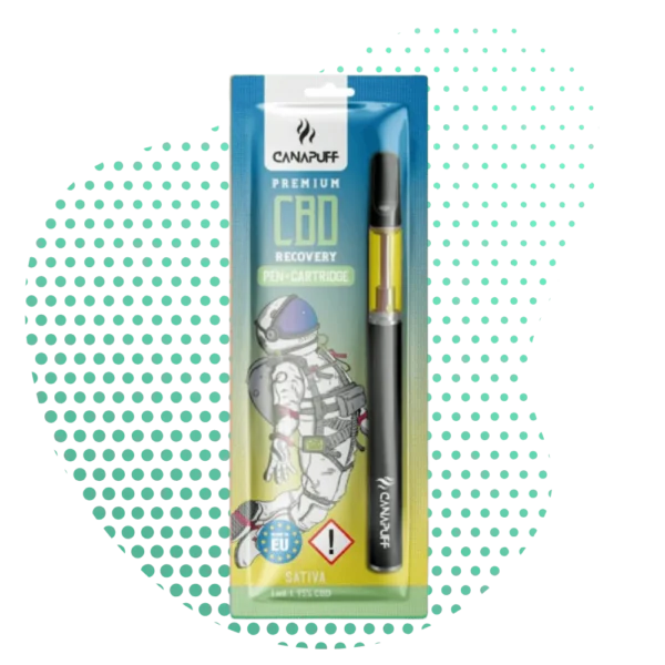 CBD Pen Canapuff Recovery Sativa | Kit Premium Vape 95% CBD 1ml Image du pack CBD Pen Canapuff Recovery Sativa, présentant un stylo vaporisateur noir et une cartouche de 1ml contenant 95% de CBD, avec un design d'astronaute et le logo CANAPUFF.