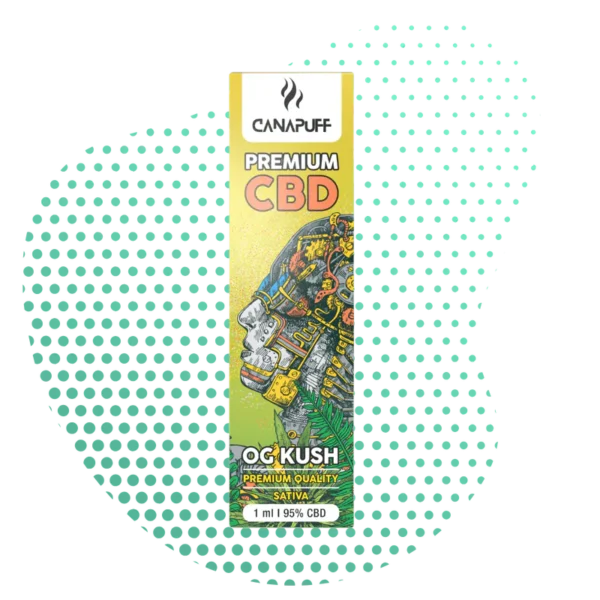 Boîte d'Huile CBD OG Kush 95% Sativa Canapuff de qualité premium avec illustration de profil humain mécanique et feuilles de cannabis.