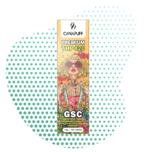 Packaging jaune Canapuff Premium THP420 GSC Sativa, montrant une illustration stylisée d'une femme aux lunettes rouges et cheveux blonds bouclés, avec des feuilles de cannabis et des motifs colorés sur un fond à pois verts et blancs.