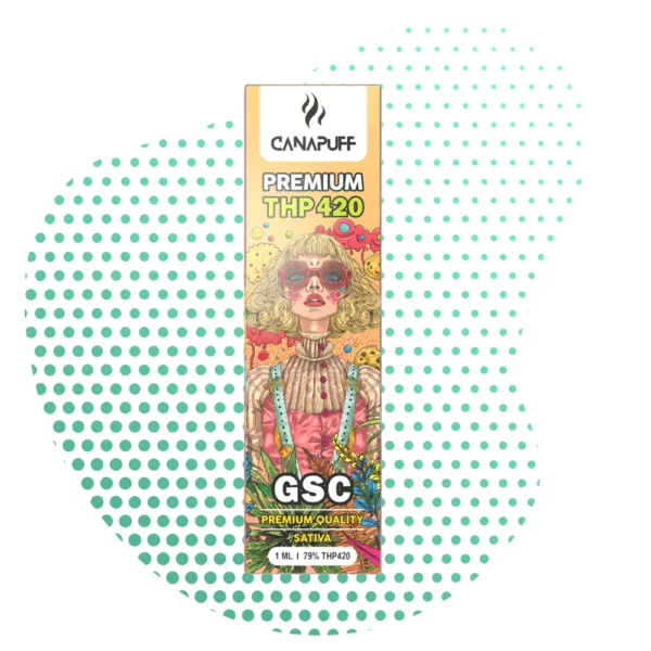 Canapuff THP420 GSC Sativa - Cartouche Premium 1ml | 79% THP420 Packaging jaune Canapuff Premium THP420 GSC Sativa, montrant une illustration stylisée d'une femme aux lunettes rouges et cheveux blonds bouclés, avec des feuilles de cannabis et des motifs colorés sur un fond à pois verts et blancs.