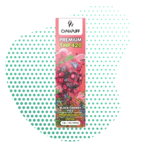 Canapuff THP420 Black Cherry Fizz Sativa 1ML, un vape pen premium au design captivant illustrant un crâne stylisé orné de cerises noires et de feuilles vertes sur un fond rose éclatant avec des éclaboussures dorées, présentant l'emballage d'un vaporisateur de type Sativa contenant 79% de THP420.