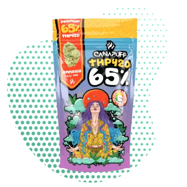 amnesia_canapuff_thp420_flower Sachet CANAPUFF THP420 65% Amnesia fleur, emballage illustré psychédélique