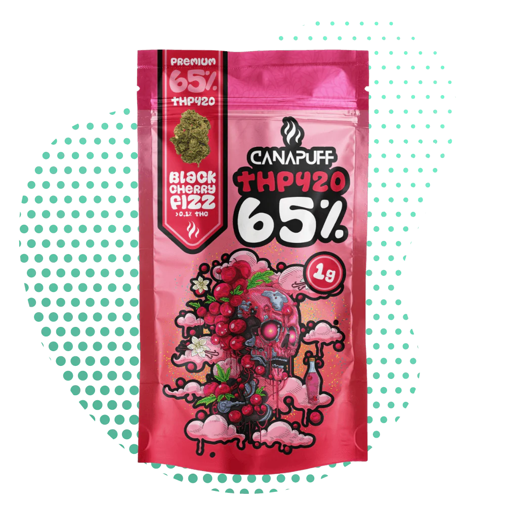 Pochette de fleur THP420 CANAPUFF Black Cherry Fizz 65% rose premium de 1g, avec un design vibrant de crâne et cerises.