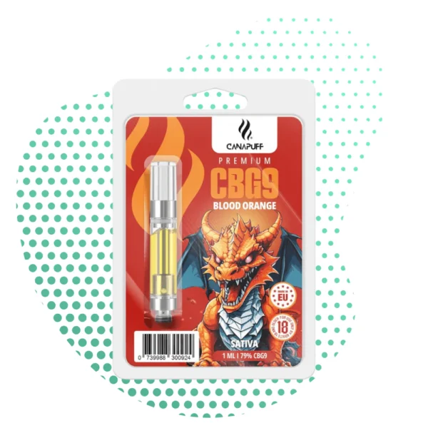 Cartouche vape CANAPUFF PREMIUM CBG9 Blood Orange Sativa 1ml 79% avec emballage dragon