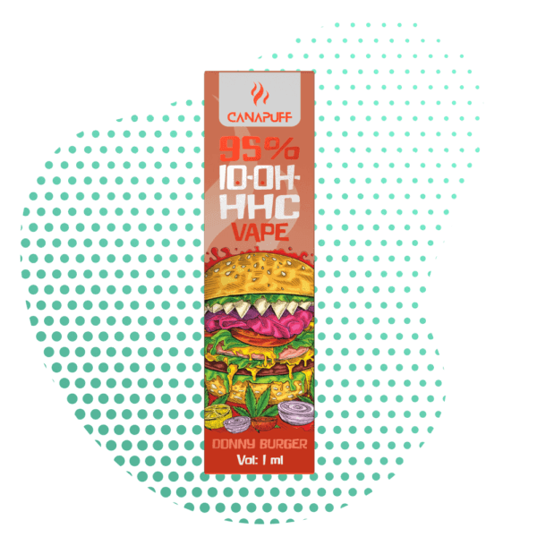 Canapuff 10-OH-HHC Vape Donny Burger | E-Liquide 1ml Goût Gourmet Boîte de vape Canapuff 10-OH-HHC Donny Burger 1ml, illustrée d'un hamburger extravagant, de feuilles de cannabis, de citron et d'oignon sur fond vert points.
