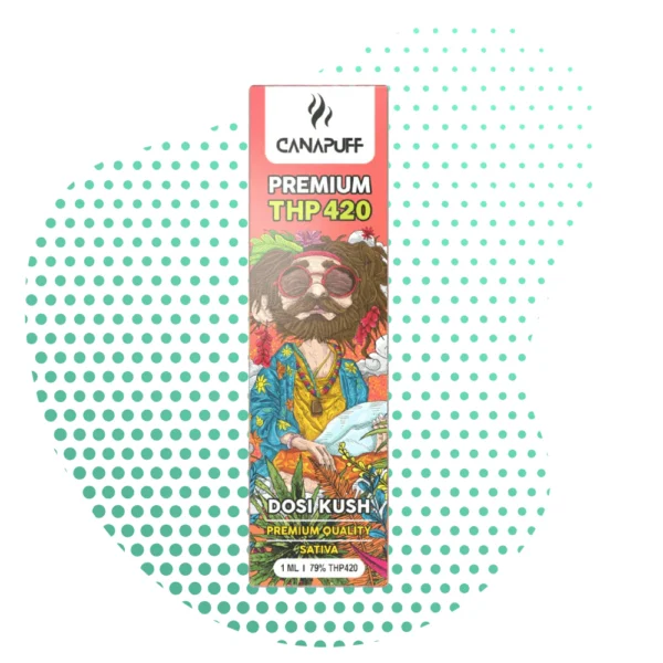 Emballage du vape Pen Canapuff Premium THP420 Dosi Kush Sativa 1ml, avec une illustration colorée d'un personnage hippie barbu aux lunettes roses, sur fond blanc avec des points turquoise.