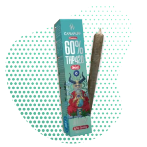 Joint THP420 Premium Canapuff Jealousy de 60% de concentration, présenté avec son emballage turquoise élégant et le logo Canapuff.