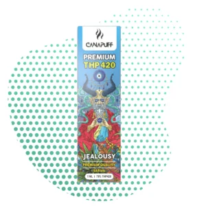 Emballage coloré du Canapuff Premium THP420 Jealousy Sativa, 1ml, montrant un design artistique d'un vieil homme cornu tenant un orbe, entouré de plantes exotiques et d'un œil mystique, symbolisant la qualité et l'expérience Sativa.
