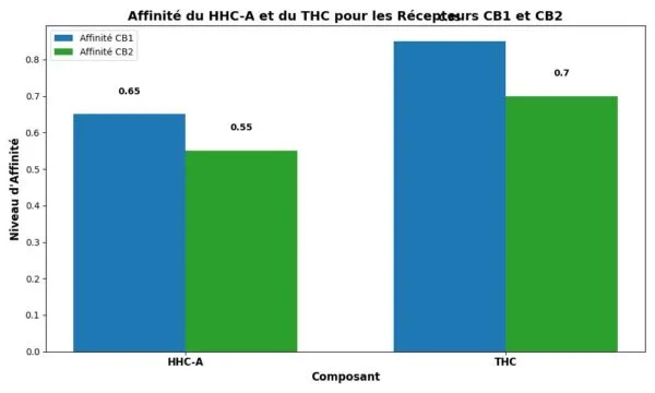 modern_affinity_graph_fr_v3 Graphique comparatif des affinités du HHC-A et du THC pour les récepteurs CB1 et CB2.