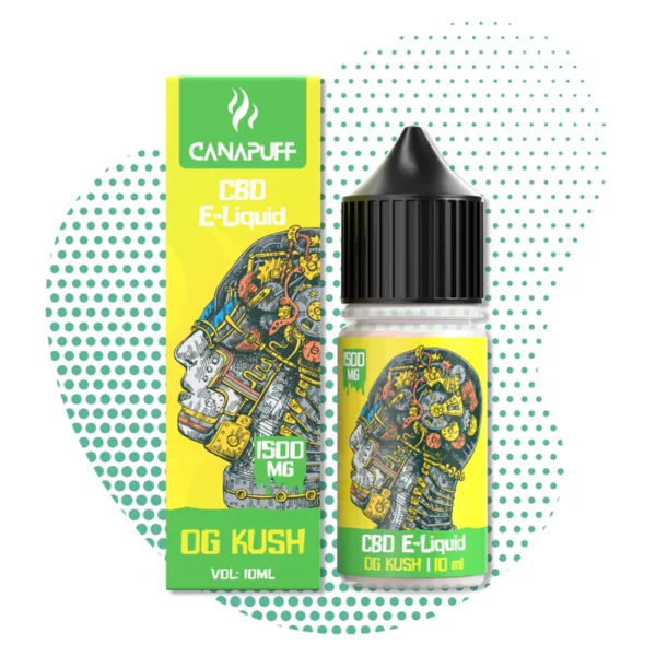 Canapuff OG Kush CBD E-Liquid 1500mg | Saveur Authentique & Détente Intense Flacon et emballage du Canapuff CBD E-Liquid OG Kush 1500mg 10ml, avec design de tête mécanique et motif de pois verts en arrière-plan, soulignant la puissance du CBD.