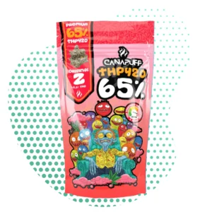 Sachet de fleur THP420 65% CANAPUFF rose et rouge avec illustrations de monstres colorés et un bourgeon de cannabis visible, indiquant un produit premium et original.
