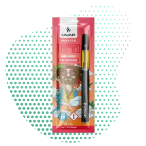 Packaging vibrant d'un Canapuff Premium THP420 Dosi Kush Pen Cartouche Sativa de 1ml, avec un design psychédélique 'Dosi Kush' et le vape pen inclus.