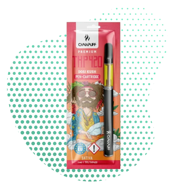 Packaging vibrant d'un Canapuff Premium THP420 Dosi Kush Pen Cartouche Sativa de 1ml, avec un design psychédélique 'Dosi Kush' et le vape pen inclus.