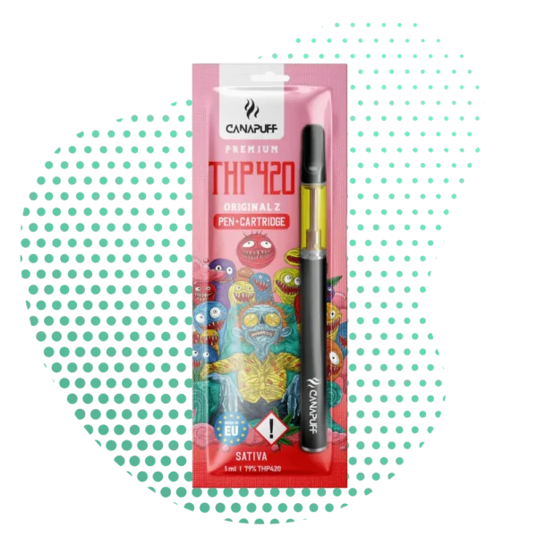 Cartouche Vape THP420 Sativa Canapuff Premium Original Z de 1ml (79% THP420) dans son packaging rose vif orné d'illustrations psychédéliques, accompagnée du pen, prête à l'emploi.