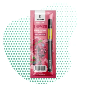 Canapuff THP420 Black Cherry Fizz Pen+Cartridge Sativa 1ml, featuring a sleek black vape pen with a yellow liquid cartridge in pink premium packaging.