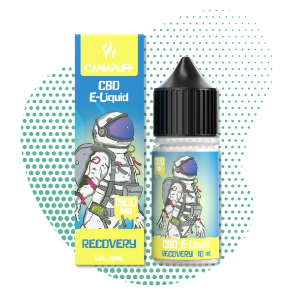 Flacon et emballage d'e-liquide CBD Recovery Canapuff 1500mg avec illustration d'astronaute, idéal pour la relaxation et la récupération post-effort.