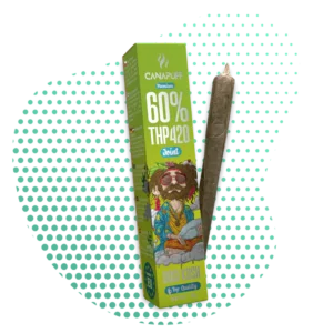 Joint THP420 Dosi Kush CANAPUFF Premium de 1g avec 60% de THP420, présenté à côté de son emballage vert illustré d'un personnage hippie.