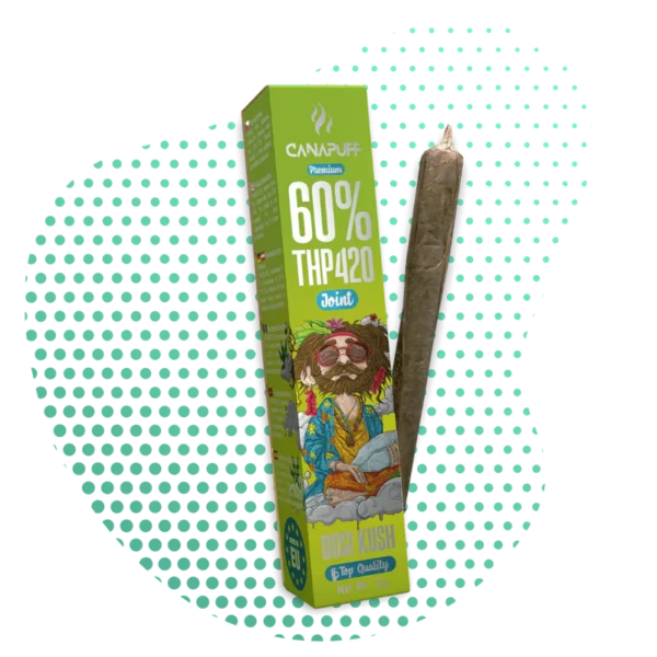 Joint THP420 Dosi Kush CANAPUFF Premium de 1g avec 60% de THP420, présenté à côté de son emballage vert illustré d'un personnage hippie.