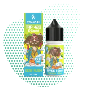 Bouteille et boîte d'E-liquide THP 420 Dosi Kush 1500mg Canapuff, avec illustration hippie colorée et indications de volume 10ml.