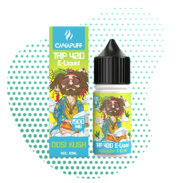 E-liquide THP 420 Dosi Kush 1500mg Canapuff - Goût Kush Intense Bouteille et boîte d'E-liquide THP 420 Dosi Kush 1500mg Canapuff, avec illustration hippie colorée et indications de volume 10ml.