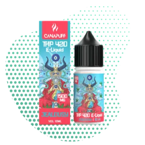 Flacon et boîte d'e-liquide THP 420 1500mg Jealousy de la marque Canapuff, illustrés d'une divinité psychédélique et de feuilles de cannabis sur fond bleu clair