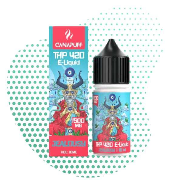 E-liquide THP 420 1500mg Jealousy Canapuff | Liquide Vape Puissant Flacon et boîte d'e-liquide THP 420 1500mg Jealousy de la marque Canapuff, illustrés d'une divinité psychédélique et de feuilles de cannabis sur fond bleu clair