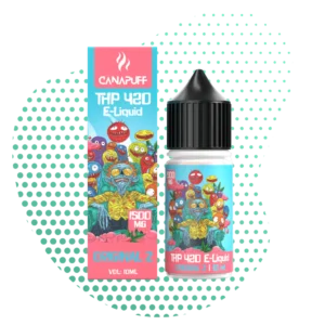 Flacon et boîte de E-Liquide THP 420 1500mg Canapuff Original Z 10ml avec illustrations de monstres colorés et déjantés, flacon compte-gouttes noir.