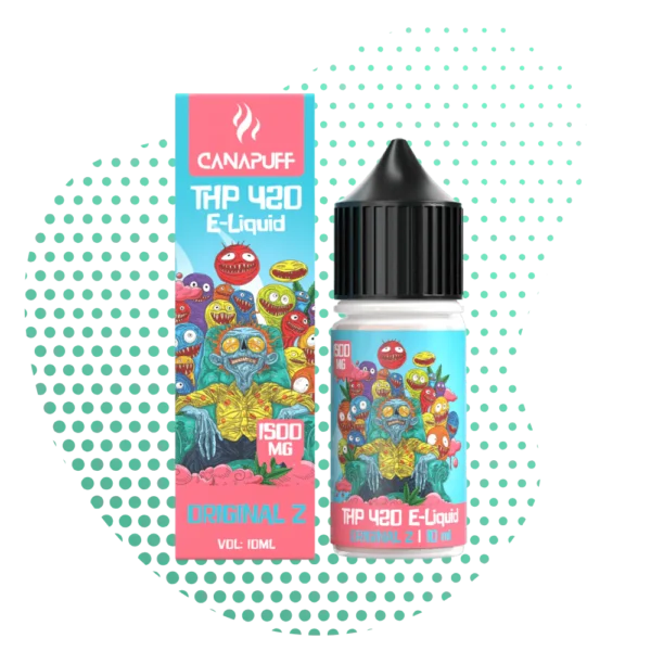THP 420 E-Liquide 1500mg Canapuff Original Z - Saveur Intense 10ml Flacon et boîte de E-Liquide THP 420 1500mg Canapuff Original Z 10ml avec illustrations de monstres colorés et déjantés, flacon compte-gouttes noir.