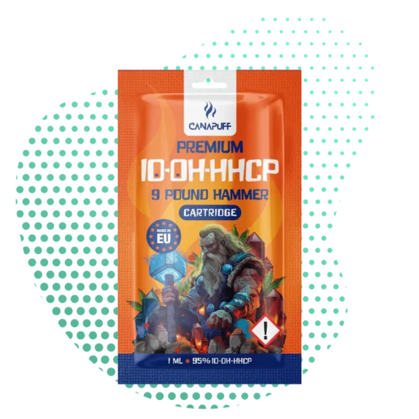 Paquet de Canapuff Premium 10-OH-HHCP Cartouche, saveur 9 Pound Hammer, 1ml à 95%, certifié UE, avec illustration d'un guerrier nordique tenant un marteau lumineux.
