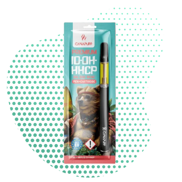 Pack du pen 1D-OH-HHCP cannalegal.fr Premium et sa cartouche 1ml, illustré d'un ours cool. Le vaporisateur noir est posé à côté.