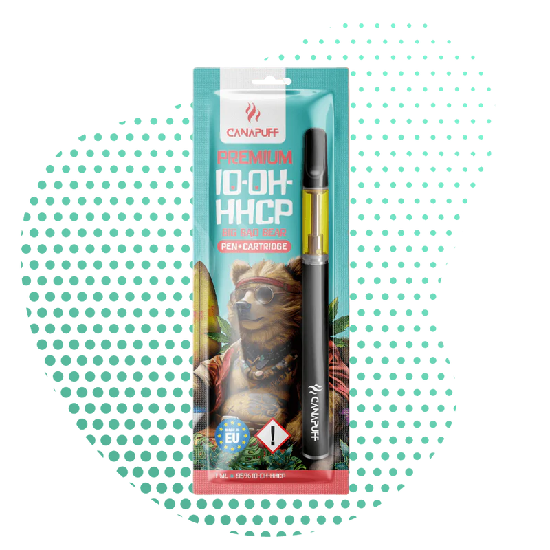 Pack du pen 1D-OH-HHCP cannalegal.fr Premium et sa cartouche 1ml, illustré d'un ours cool. Le vaporisateur noir est posé à côté.