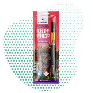 Image d'un kit vape 10-OH-HHCP Horchata Premium cannalegal.fr avec un pen et une cartouche dans son emballage rouge et violet. Le packaging affiche un crâne fleuri.