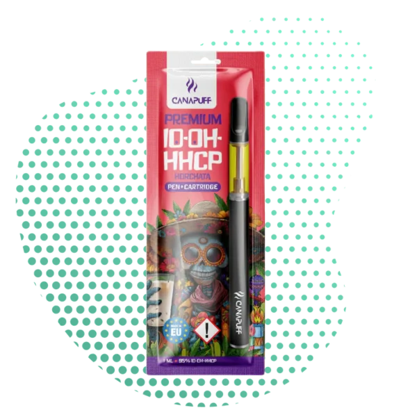 Image d'un kit vape 10-OH-HHCP Horchata Premium cannalegal.fr avec un pen et une cartouche dans son emballage rouge et violet. Le packaging affiche un crâne fleuri.