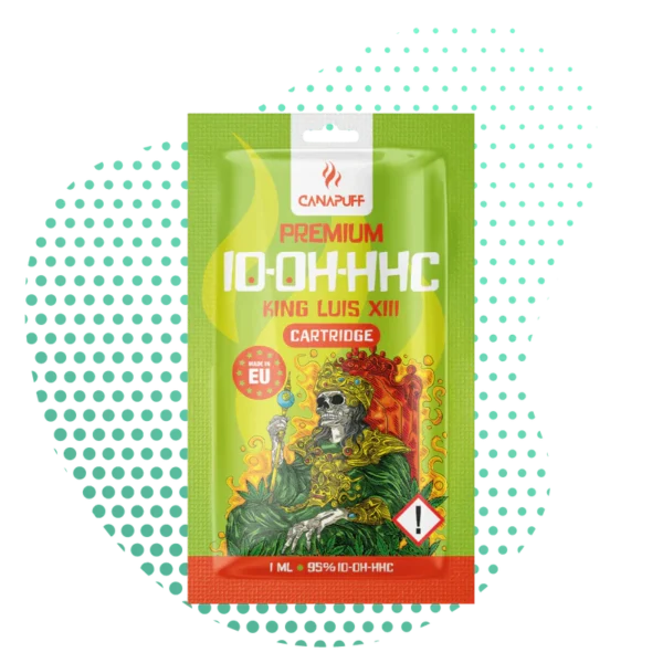 Pochette Canapuff Premium Cartouche 10-OH-HHC King Luis XIII (1ml, 95%) avec illustration d'un roi squelette et mention 'Made in EU'.