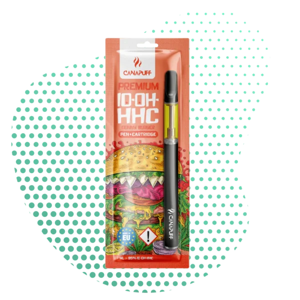 Pack Canapuff 10-OH-HHC vape pen Donny Burger avec cartouche noire et illustration de burger, contenant 1ml de 95% 10-OH-HHC, Made in EU.