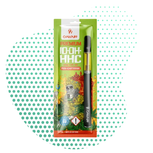 Canapuff Premium 10-OH-HHC Vape Pen King Luis XIII présenté dans son emballage vert vibrant, avec le stylo et la cartouche visibles, mettant en avant la marque et la concentration de 95% de 10-OH-HHC.