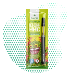 Canapuff 1D-OH-HHC Super Lemon Haze Vape Pen et sa cartouche de 1 ml, emballés dans un blister vert vif avec un design de monstre souriant, indiquant 95% de 1D-OH-HHC et fabriqué en UE.