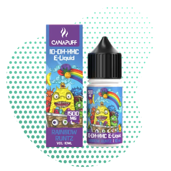 Bouteille et emballage de l'e-liquide CANAPUFF 10-OH-HHC Rainbow Runtz 1500MG, illustrant des monstres colorés, un arc-en-ciel et des fruits, avec un volume de 10ml.