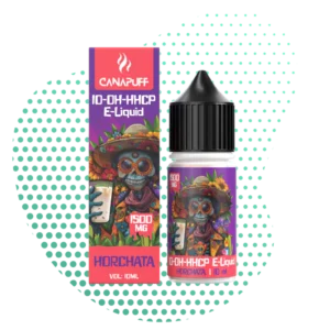 Bouteille et boîte d'e-liquide CANAPUFF 10-OH-HHCP Horchata 10ml, avec illustration d'un crâne fleuri style Dia de los Muertos, 1500mg.
