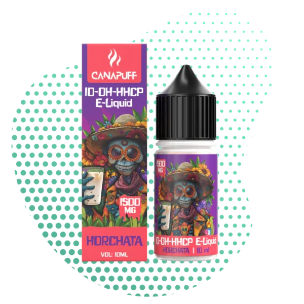 Bouteille et boîte d'e-liquide CANAPUFF 10-OH-HHCP Horchata 10ml, avec illustration d'un crâne fleuri style Dia de los Muertos, 1500mg.