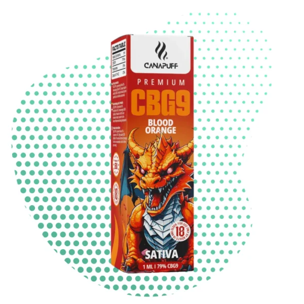 Boîte de vape Premium cannalegal.fr CBG9 Sativa Blood Orange 1ml, illustrée d'un dragon. Contient 79% CBG9, à usage adulte.