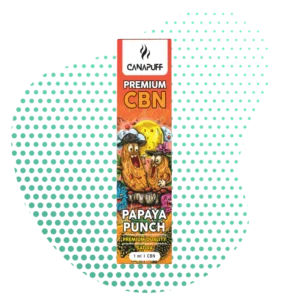 Emballage coloré de la cartouche vape cannalegal.fr CBN Premium Papaya Punch 1ml avec des illustrations de papayes joyeuses.