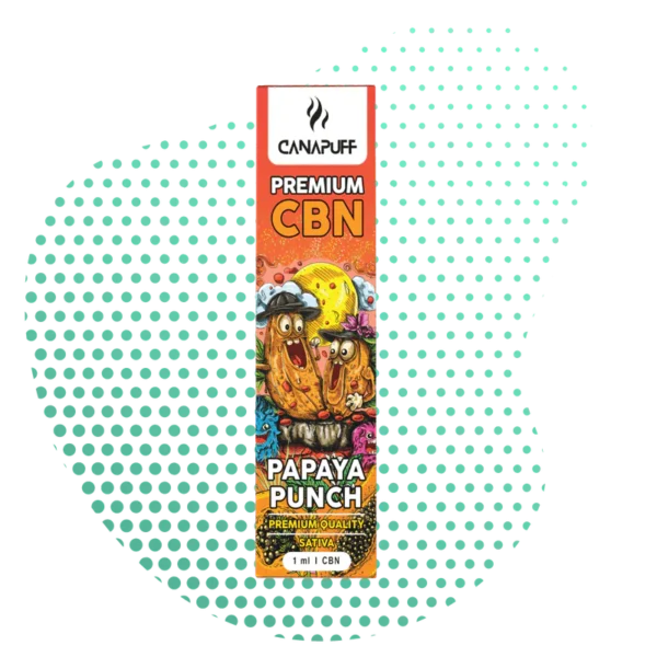 cannalegal.fr: Cartouche Vape CBN Papaya Punch Premium 1ml Emballage coloré de la cartouche vape cannalegal.fr CBN Premium Papaya Punch 1ml avec des illustrations de papayes joyeuses.
