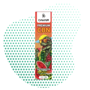 Boîte de vape cannalegal.fr Premium CBN saveur Pastèque, 1ml Sativa, illustrée avec un dinosaure T-Rex buvant une pastèque avec lunettes de soleil.