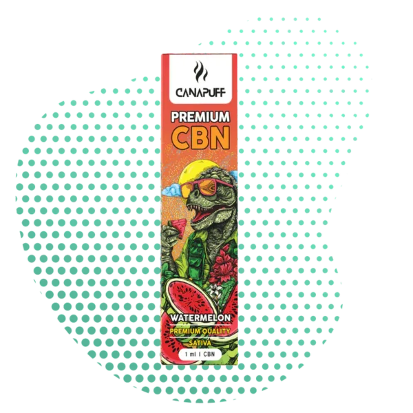 Boîte de vape cannalegal.fr Premium CBN saveur Pastèque, 1ml Sativa, illustrée avec un dinosaure T-Rex buvant une pastèque avec lunettes de soleil.