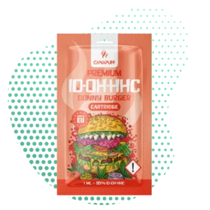 Paquet de Canapuff Premium 10-OH-HHC Donny Burger Cartridge de 1ml, avec une illustration colorée de burger et des feuilles de cannabis, indiquant 95% 10-OH-HHC et fabriqué en EU.