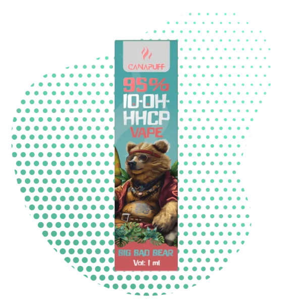 10-OH-HHCP Vape Big Bad Bear | 95% Premium cannalegal.fr 1ml Emballage du vape pen cannalegal.fr 10-OH-HHCP Big Bad Bear 95%, illustré par un ours branché aux lunettes de soleil, reflétant la saveur et la puissance du produit 1ml.