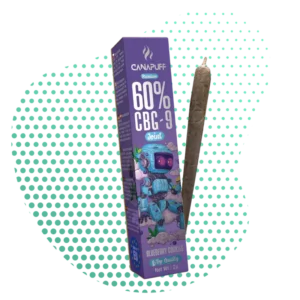 Image d'un CBG-9 Joint saveur Blueberry Cookies de cannalegal.fr, avec son emballage violet '60% CBG-9 Joint' et un robot, poids net 2g.
