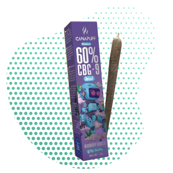 Image d'un CBG-9 Joint saveur Blueberry Cookies de cannalegal.fr, avec son emballage violet '60% CBG-9 Joint' et un robot, poids net 2g.